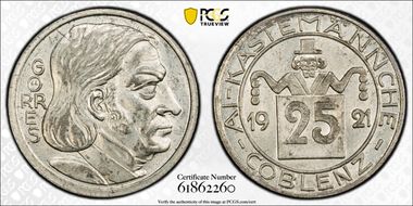 1921 25 pfg Funck-80.8 Coblenz MS64
