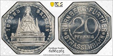 (1920-21) 20 Pfg Streetcar Token Tugend Brunnen MS66