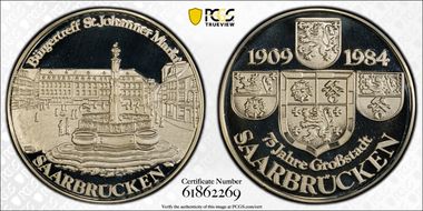 1984 Medal 75 Years of Saarbrücken Ag St. John's Market PR69DCAM