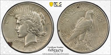 1921 $1 High Relief, Peace AU50