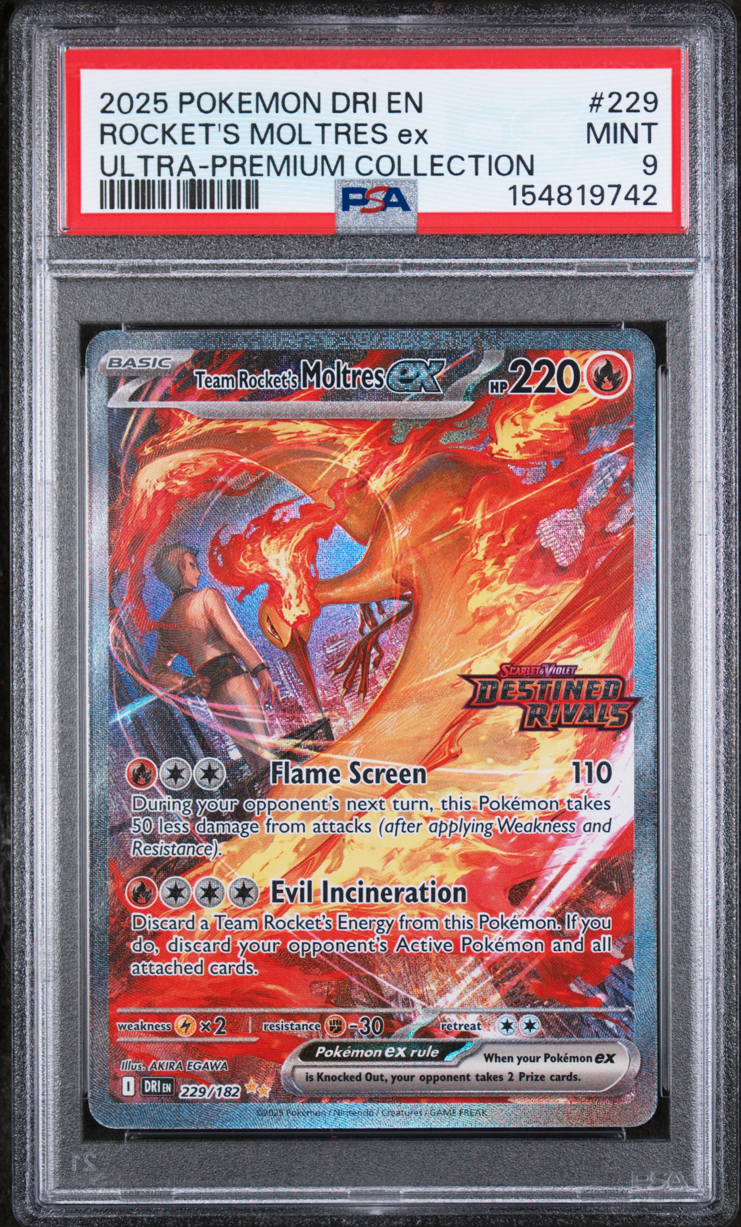 2025 #229 Team Rocket's Moltres EX PSA 9 Dri EN-Destined Rivals