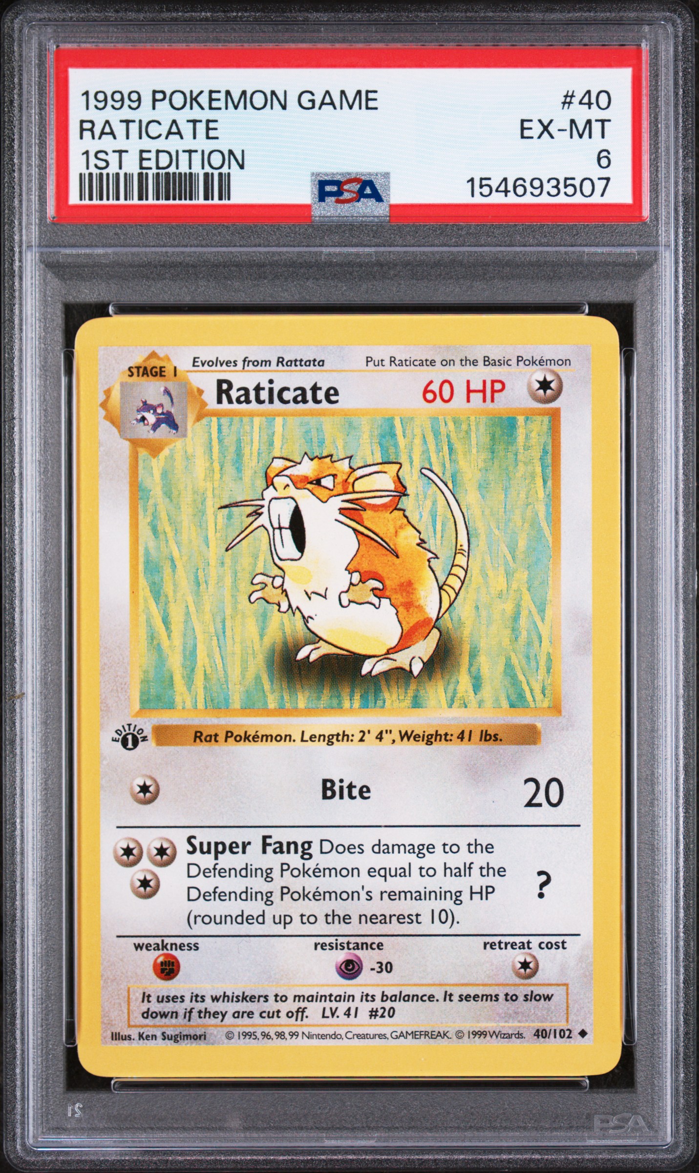 1999 #40 Raticate 1st Edition PSA 6 Game