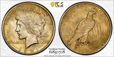 1921 $1 High Relief, Peace MS63