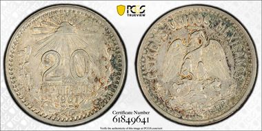 1907-M 20C Curved 7 KM-435  Ag AU58