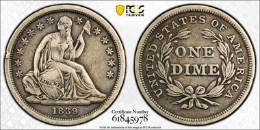 1839 10C No Drapery VF35