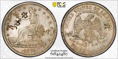 1876-S T$1 TDV-25, Type II/II, Large S Chopmarked N1