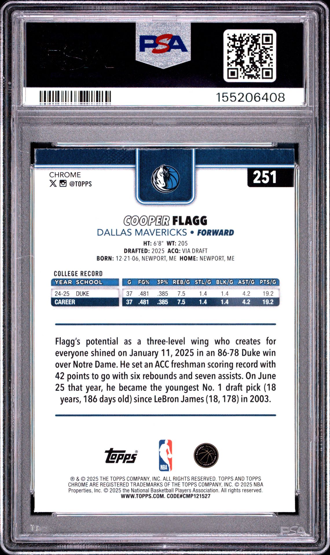 2025 Topps Chrome Cooper Flagg #251 Gem Mt 10 back view - PSA certificate #155206408