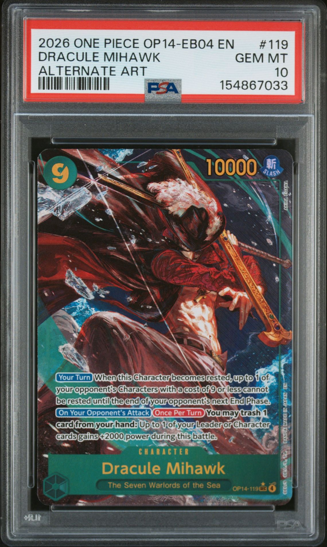 2026 One Piece Op14-Eb04-The Azure Sea's Seven Dracule Mihawk #119 (Alternate Art) Gem Mt 10 front