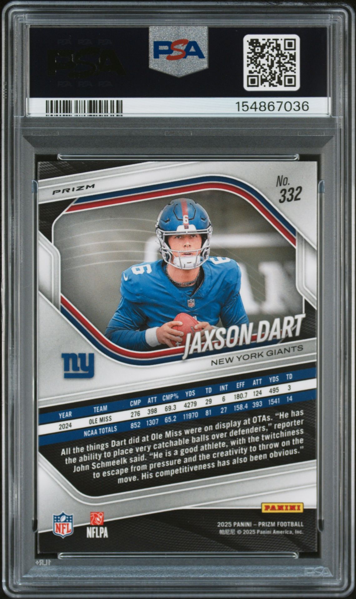 2025 Panini Prizm Jaxson Dart #332 (Silver Prizm) Mint 9 back