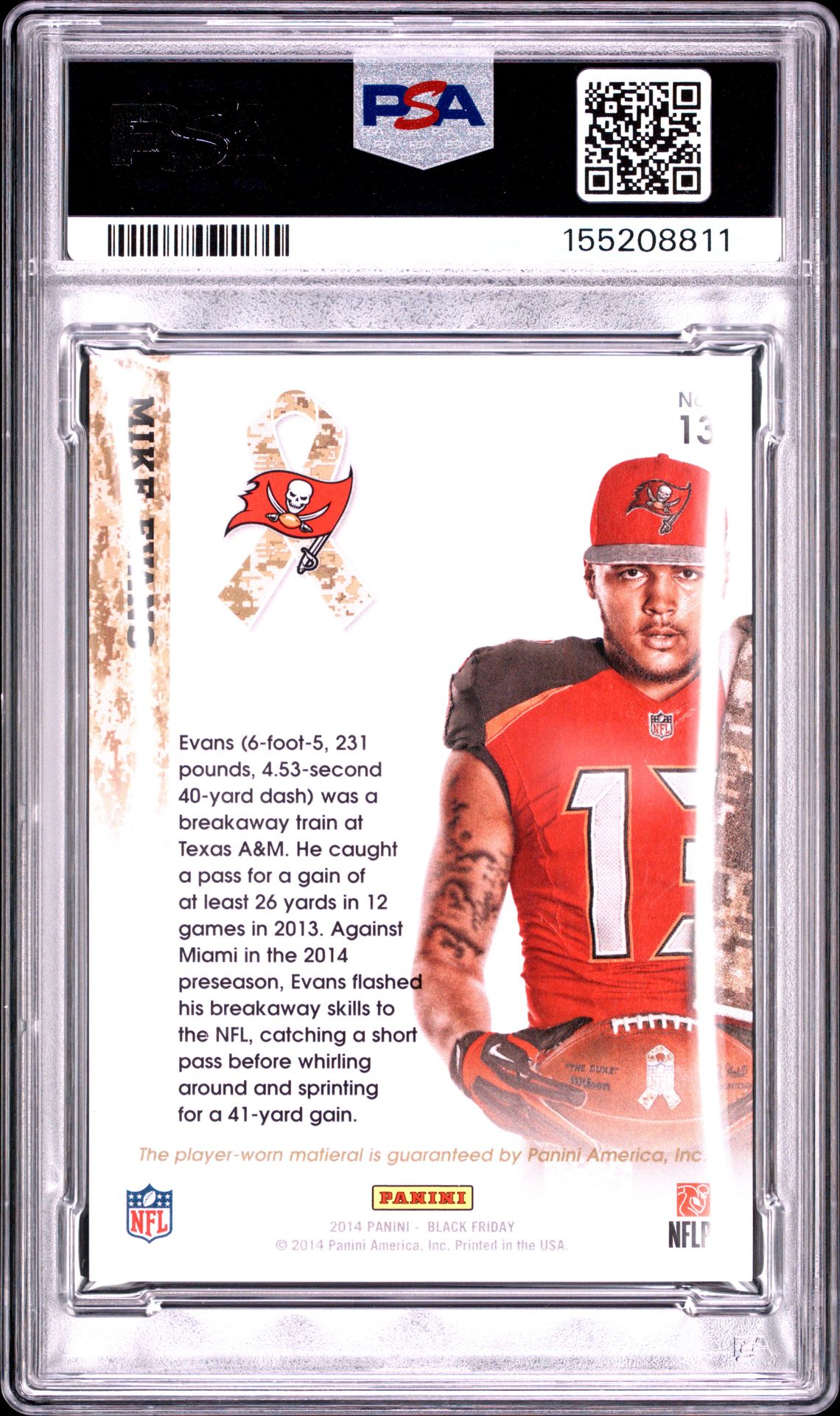 2014 Panini Black Friday Salute To Service Memorabilia Mike Evans #13 (Salute/Service Mem-Lava) Ex-Mt 6 back