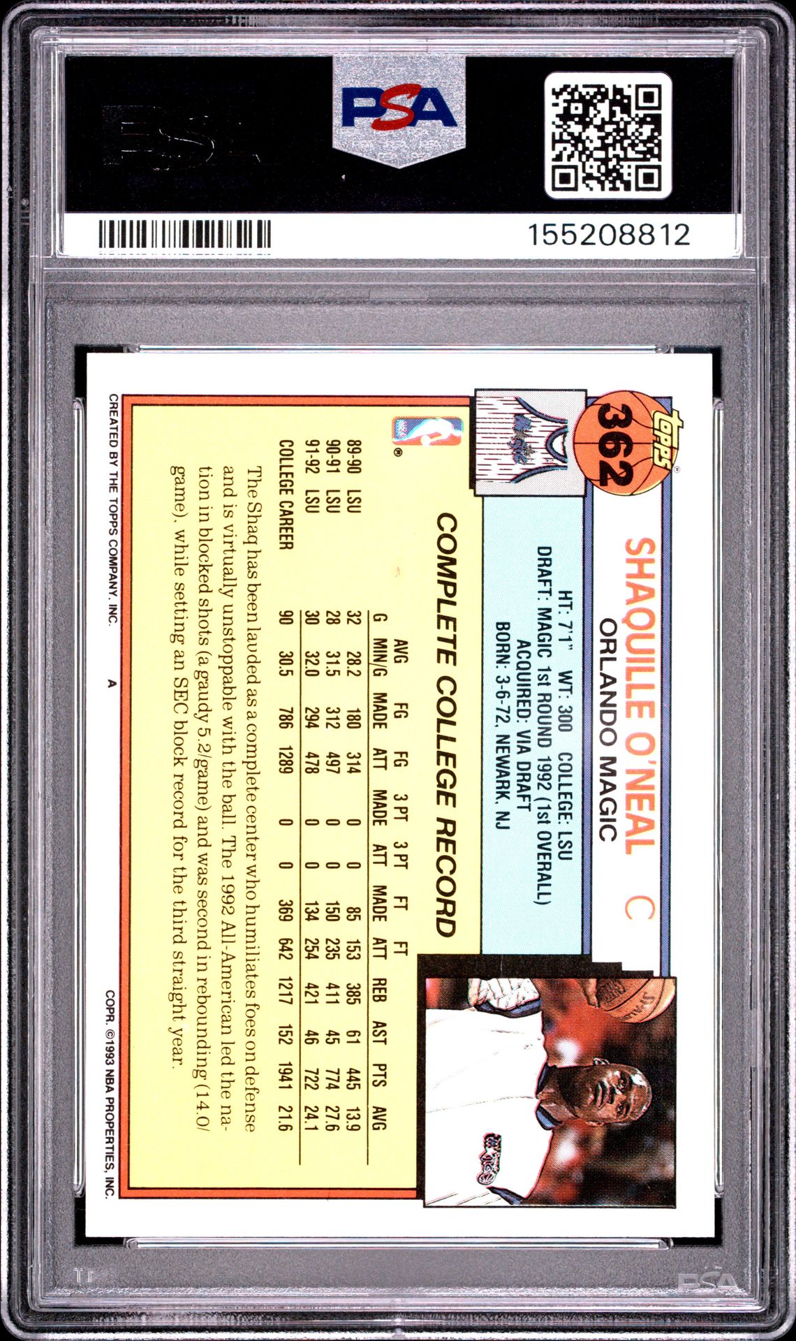 1992 Topps Shaquille O'neal #362 Ex-Mt 6 back