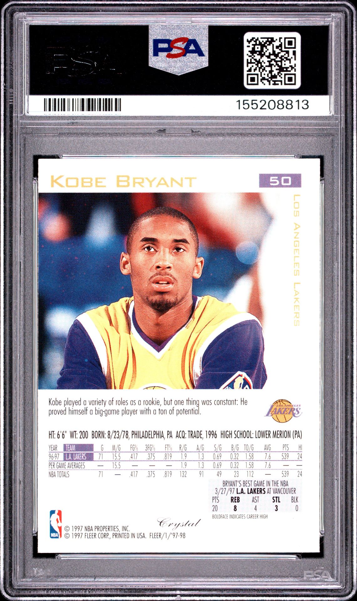 1997 Fleer Kobe Bryant #50 (Crystal) Nm 7 back
