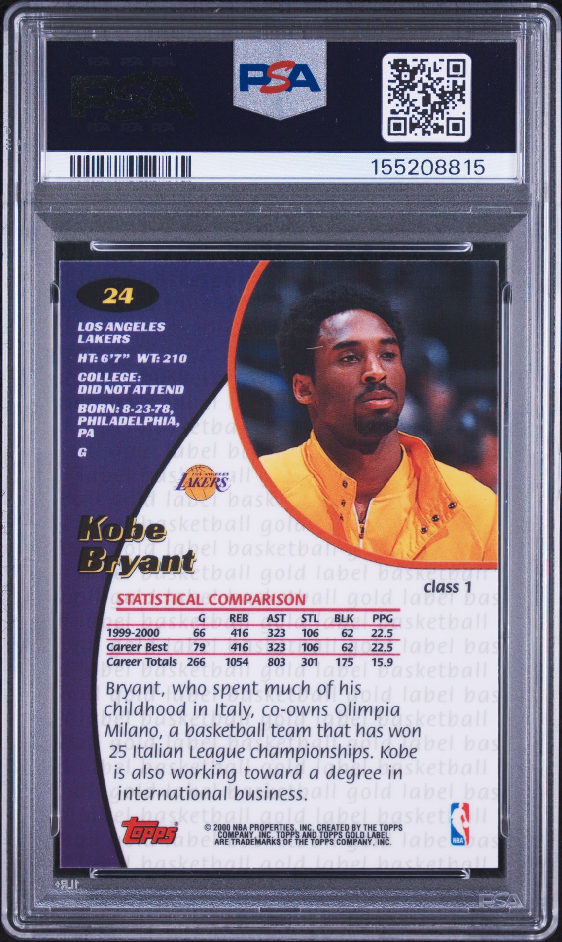 2000 Topps Gold Label Class 1 Kobe Bryant #24 (Class 1) Mint 9 back
