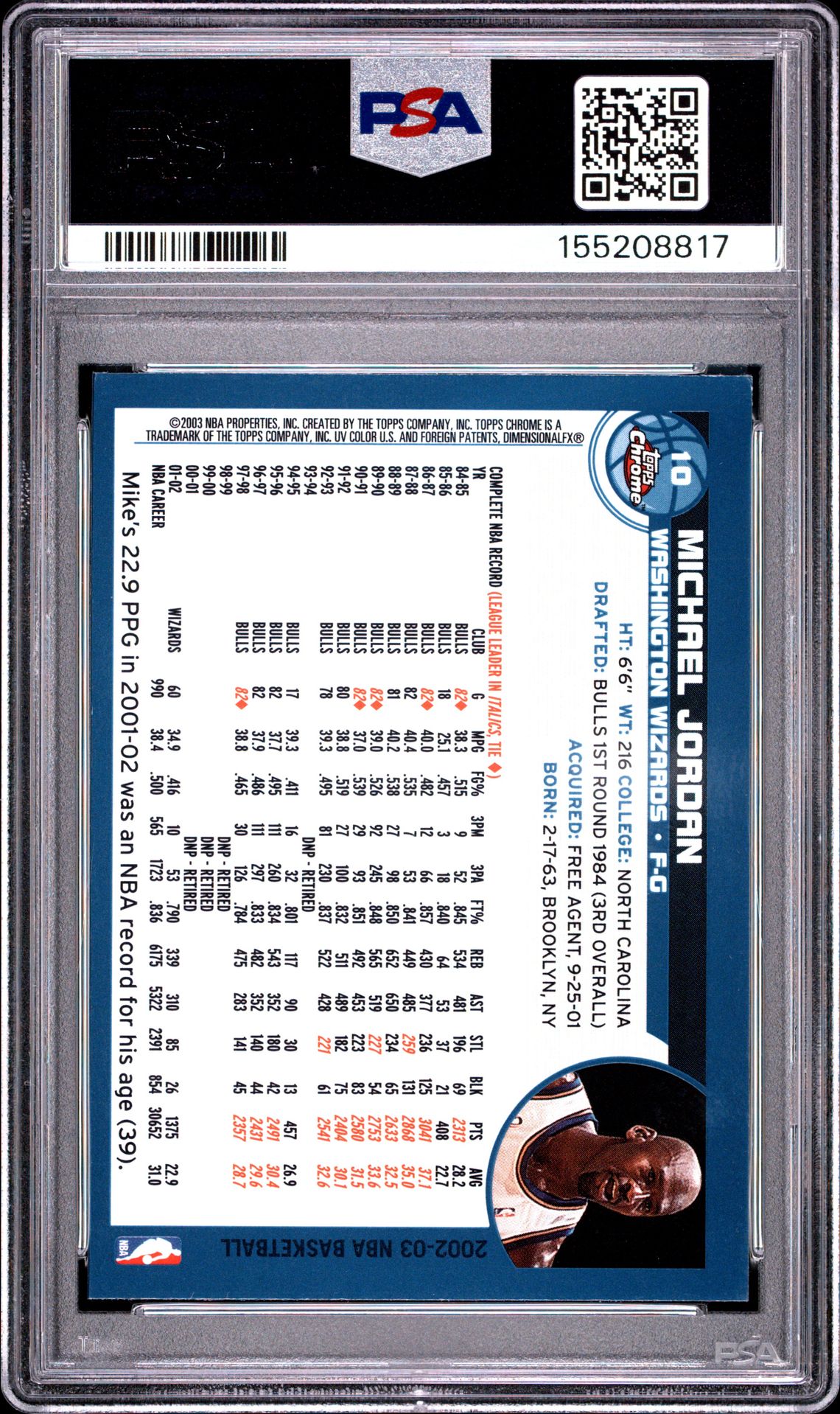 2002 Topps Chrome Michael Jordan #10 Mint 9 back
