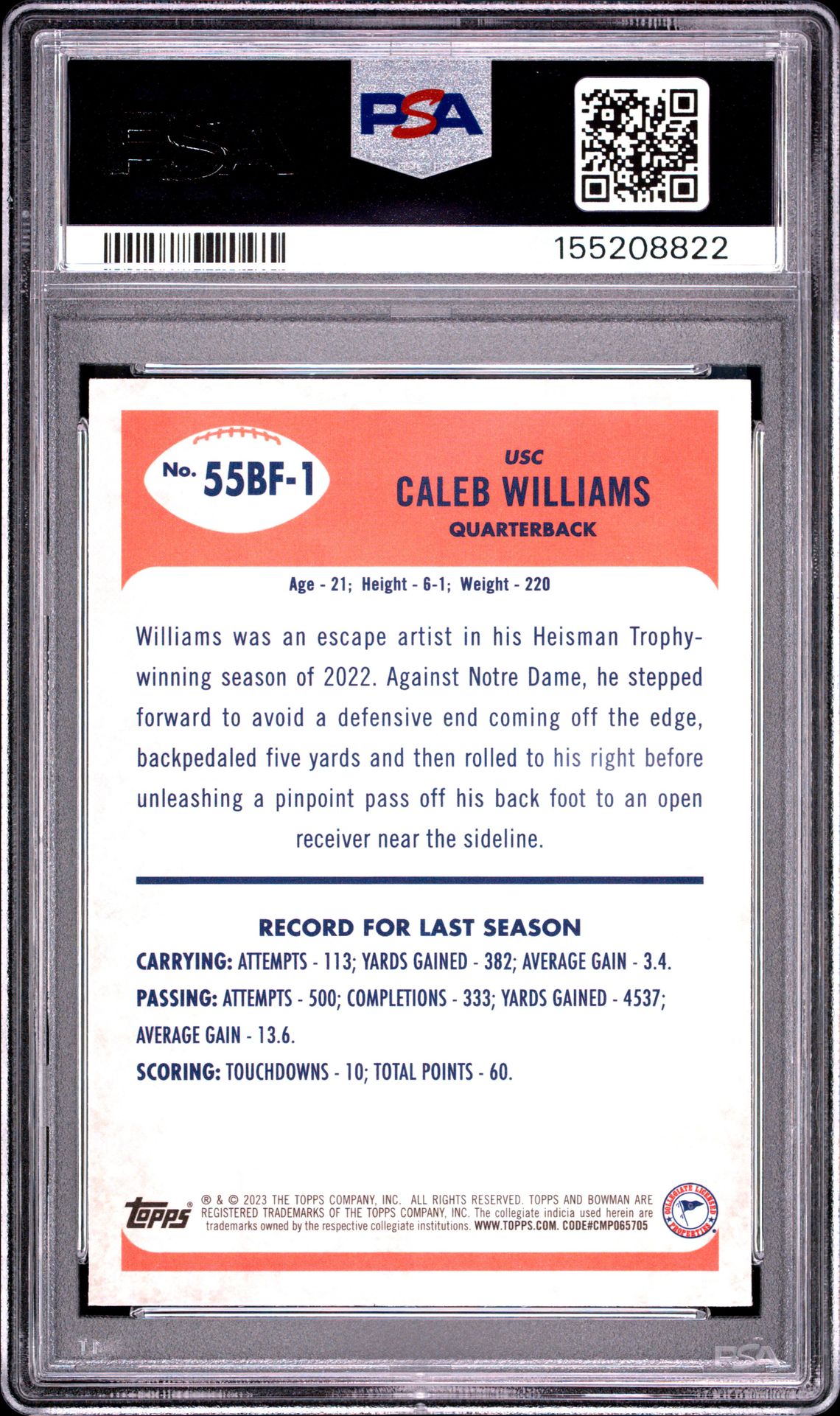 2023 Bowman University Chrome 1955 Bowman Caleb Williams #55Bf1 Gem Mt 10 back view - PSA certificate #155208822