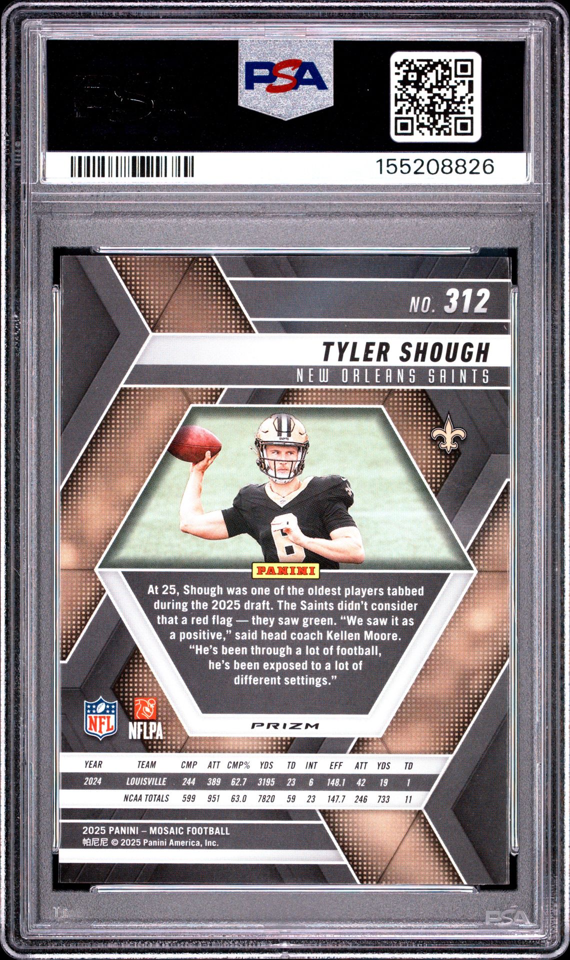 2025 Panini Mosaic Tyler Shough #312 (Green) Gem Mt 10 back view - PSA certificate #155208826