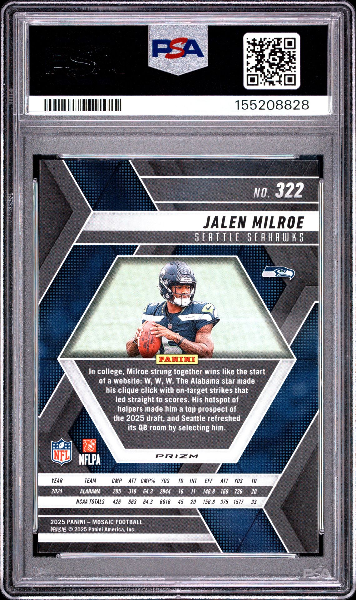 2025 Panini Mosaic Jalen Milroe #322 (Silver) Gem Mt 10 back view - PSA certificate #155208828