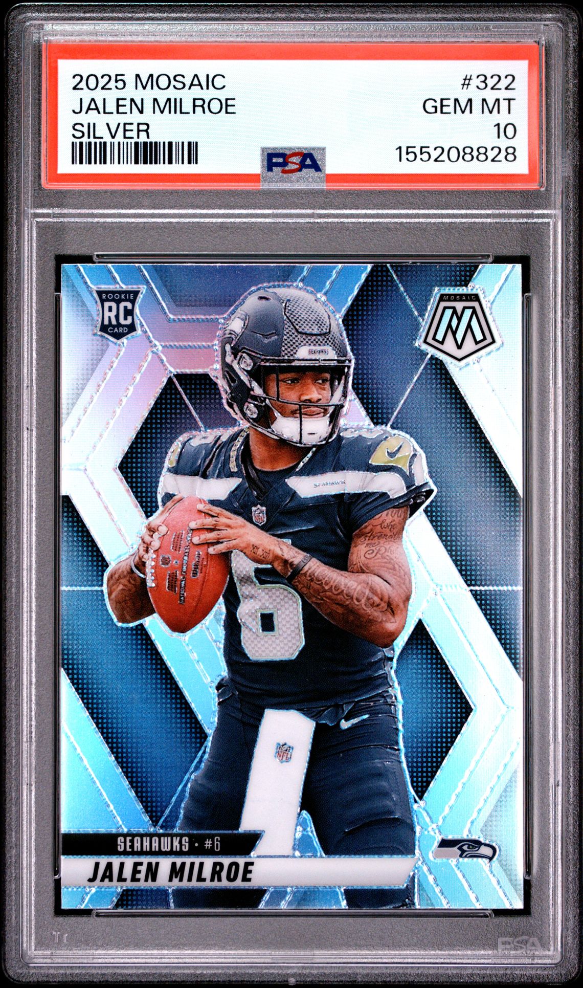2025 Panini Mosaic Jalen Milroe #322 (Silver) Gem Mt 10 front view - PSA graded GEM MT 10