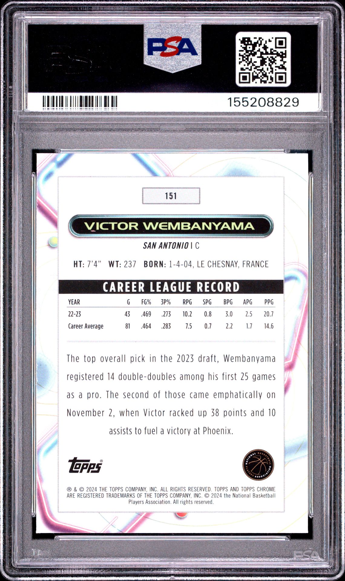 2023 Topps Cosmic Chrome Victor Wembanyama #151 Gem Mt 10 back