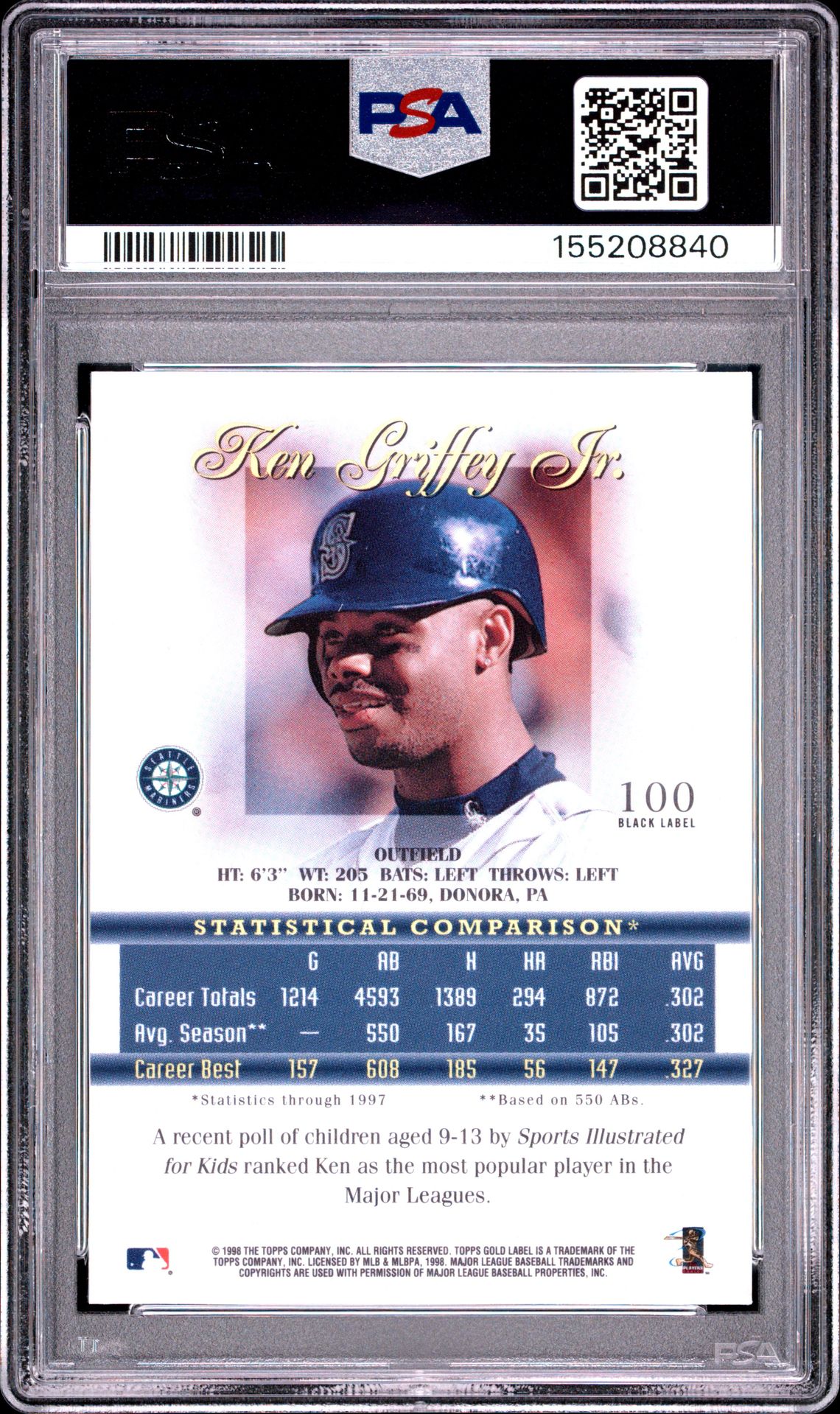 1998 Topps Gold Label Class 2 Ken Griffey Jr. #100 (Class 2-Black Label) Mint 9 back