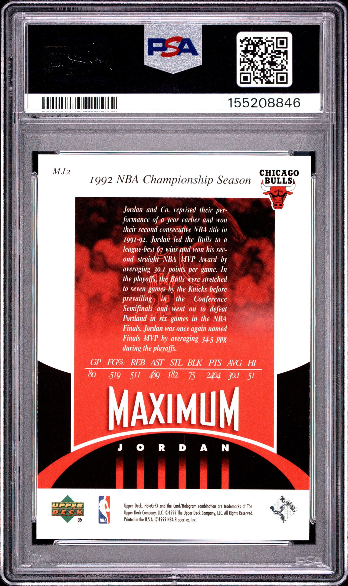 1999 UPPER DECK HOLOGrFX MAXIMUM JORDAN MICHAEL JORDAN MAXIMUM JORDAN MJ2 GEM MT 10 back