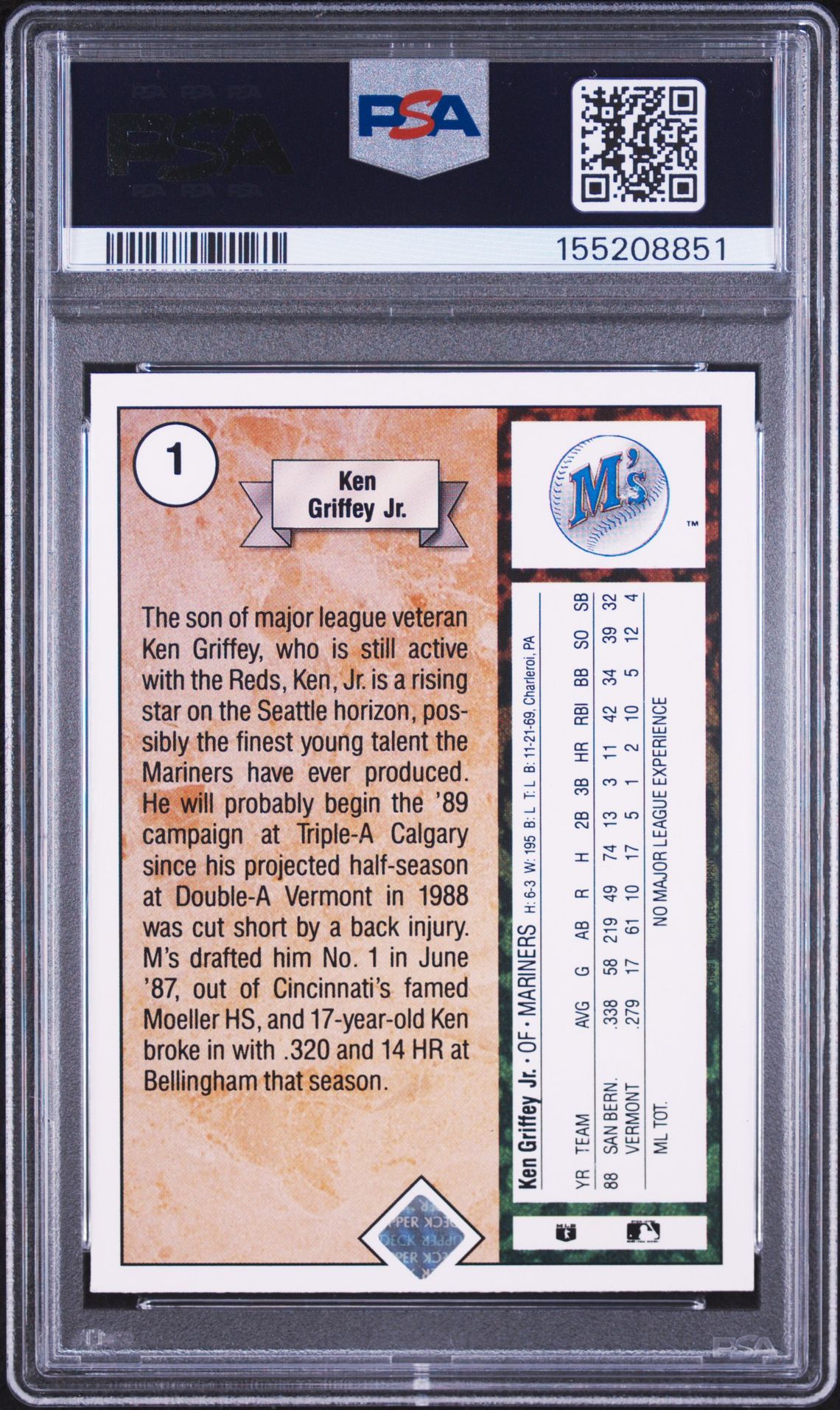 1989 Upper Deck Ken Griffey Jr. #1 (Star Rookie) Nm-Mt 8 back