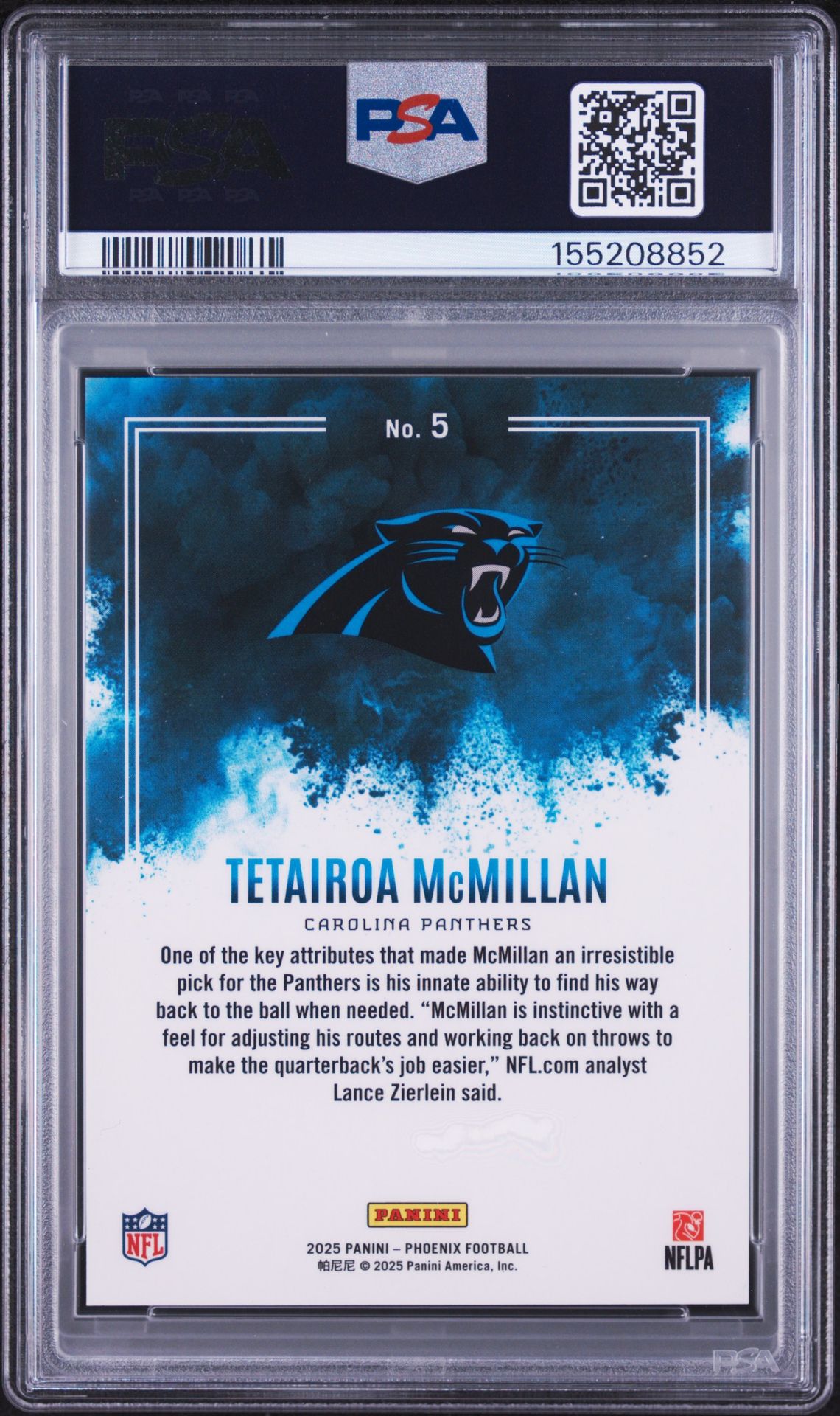 2025 Panini Phoenix Color Blast Tetairoa Mcmillan #5 Gem Mt 10 back view - PSA certificate #155208852