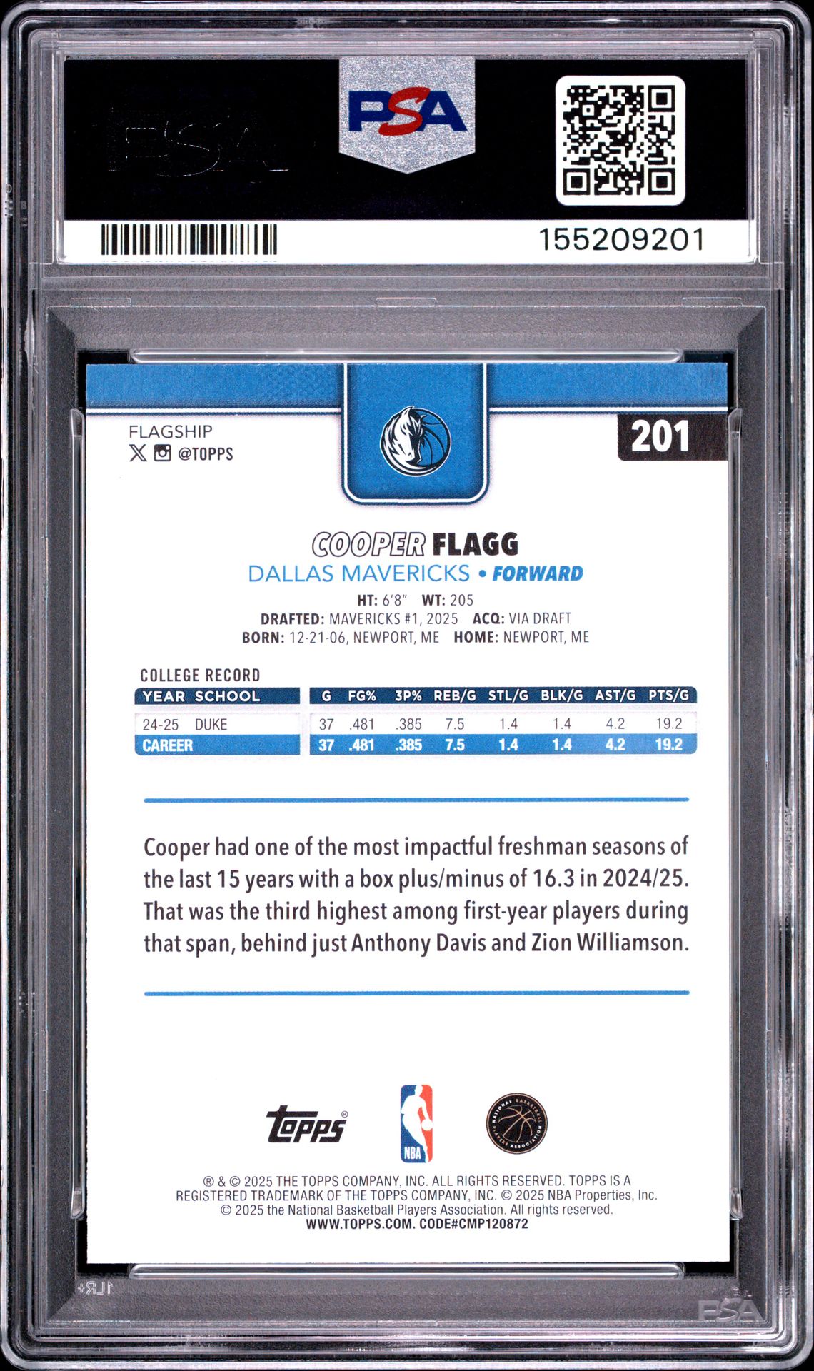 2025 Topps Cooper Flagg #201 Mint 9 back