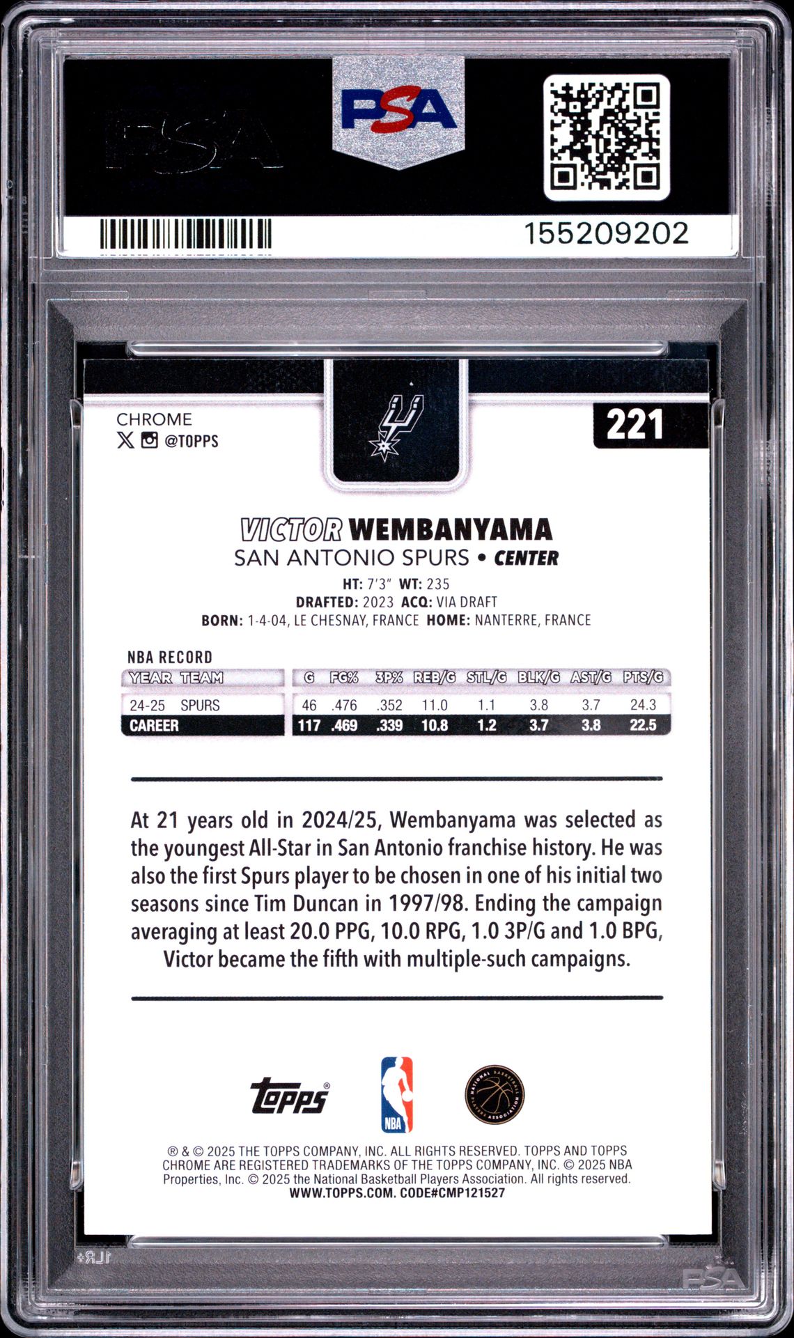 2025 Topps Chrome Victor Wembanyama #221 (Pulsar) Mint 9 back