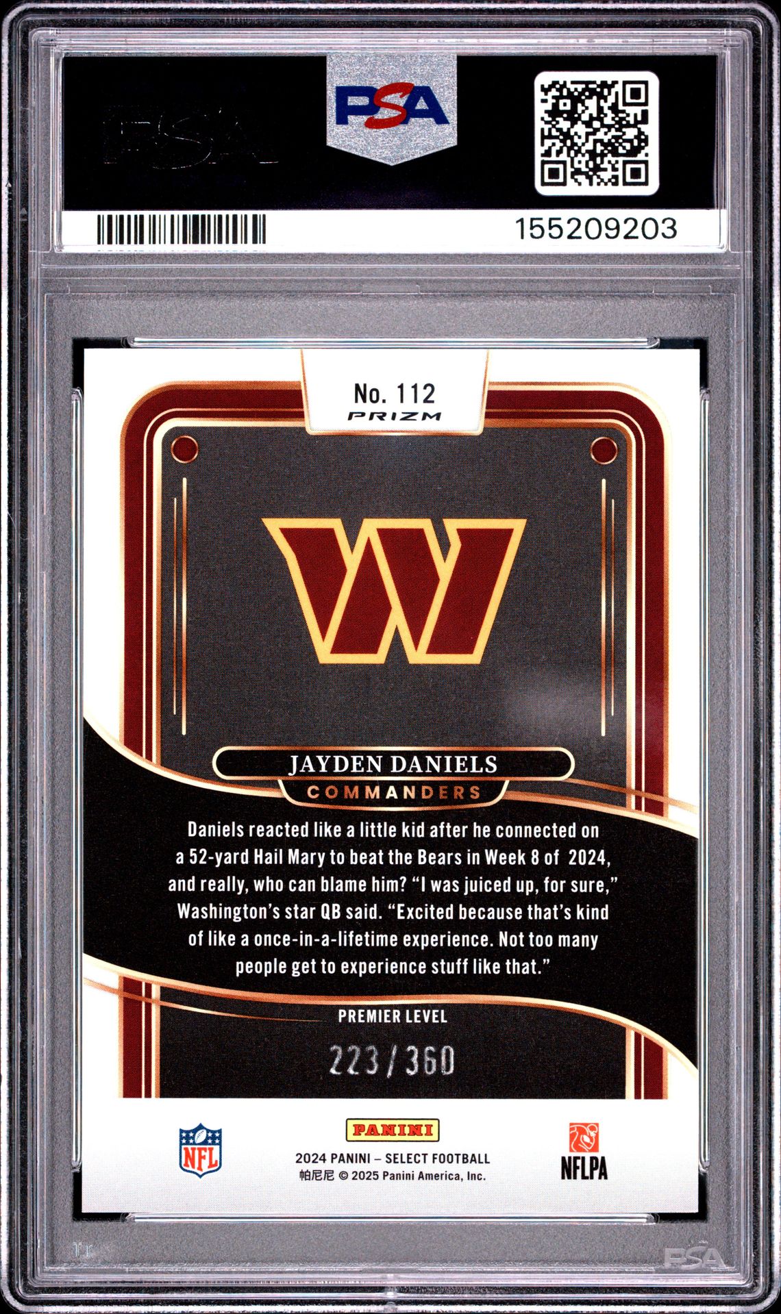 2024 Panini Select Jayden Daniels #112 (Purple Shock) Gem Mt 10 back view - PSA certificate #155209203