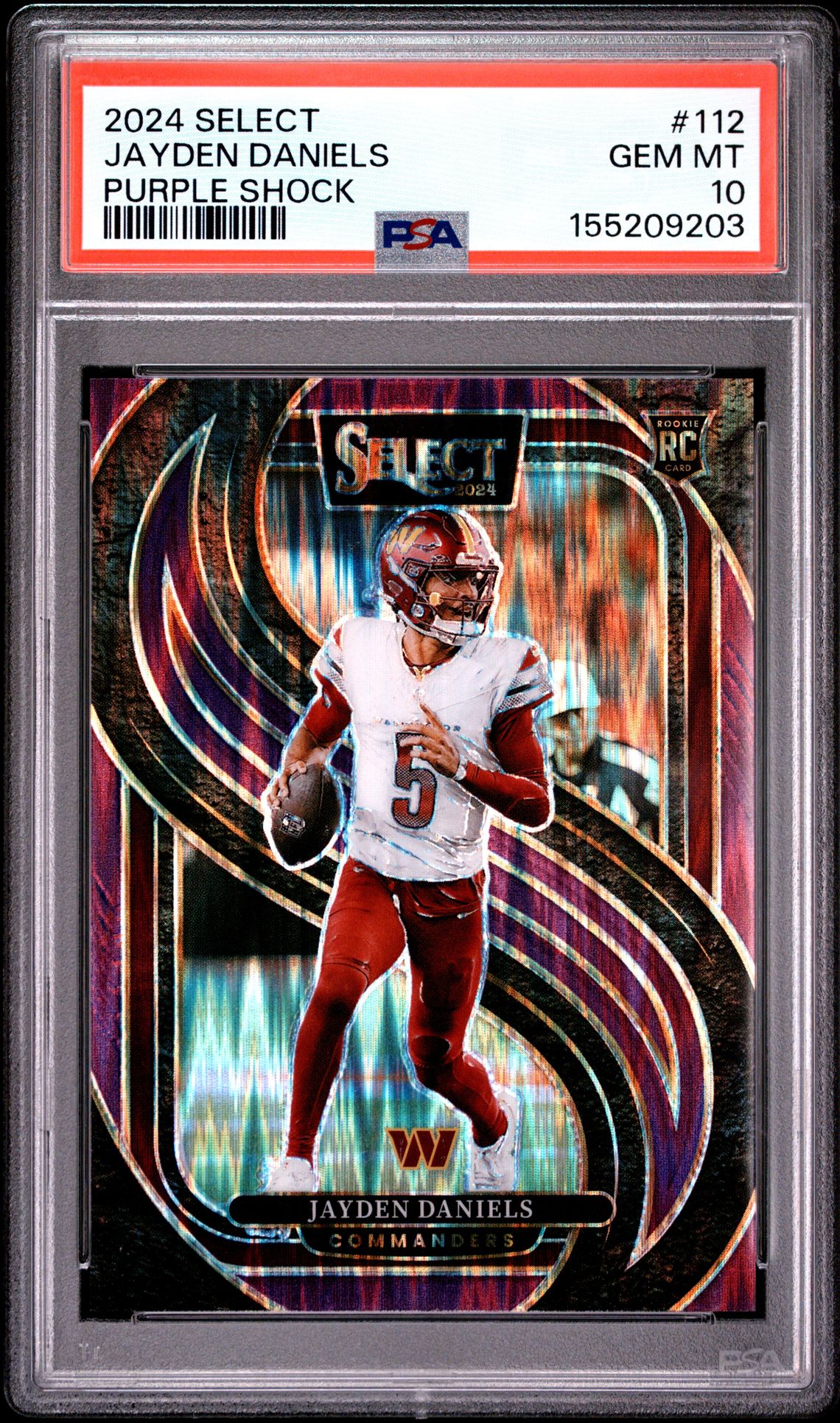 2024 Panini Select Jayden Daniels #112 (Purple Shock) Gem Mt 10 front view - PSA graded GEM MT 10