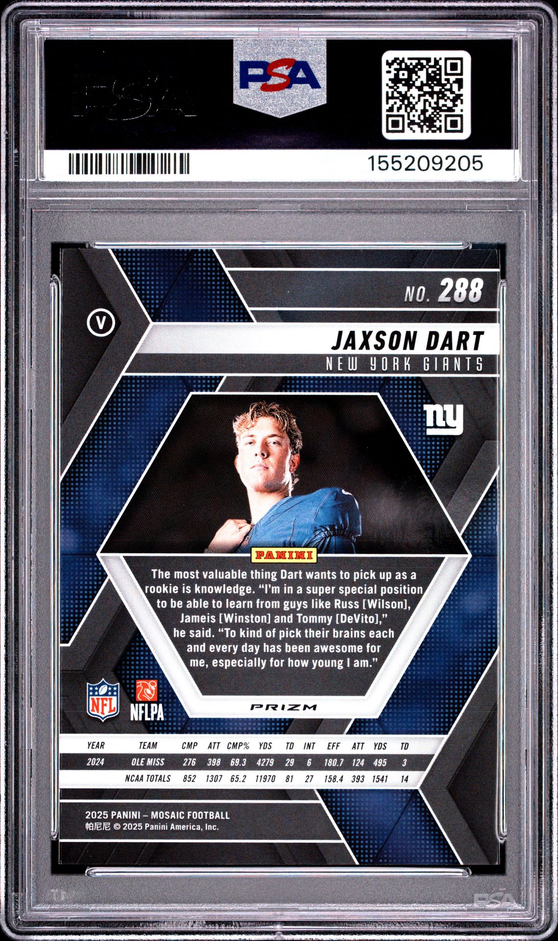 2025 Panini Mosaic Jaxson Dart #288 (Purple Scope) Mint 9 back