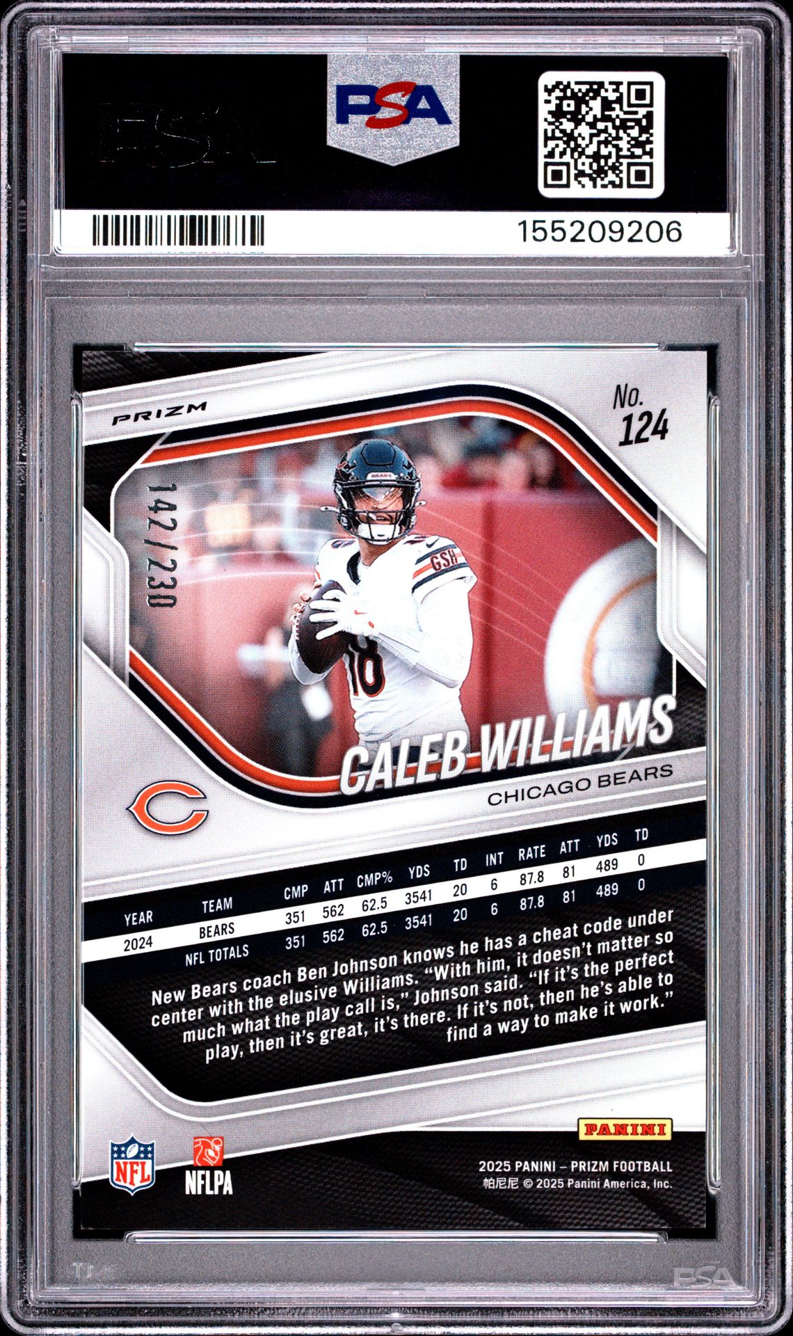 2025 Panini Prizm Caleb Williams #124 (Blue Wave) Gem Mt 10 back view - PSA certificate #155209206