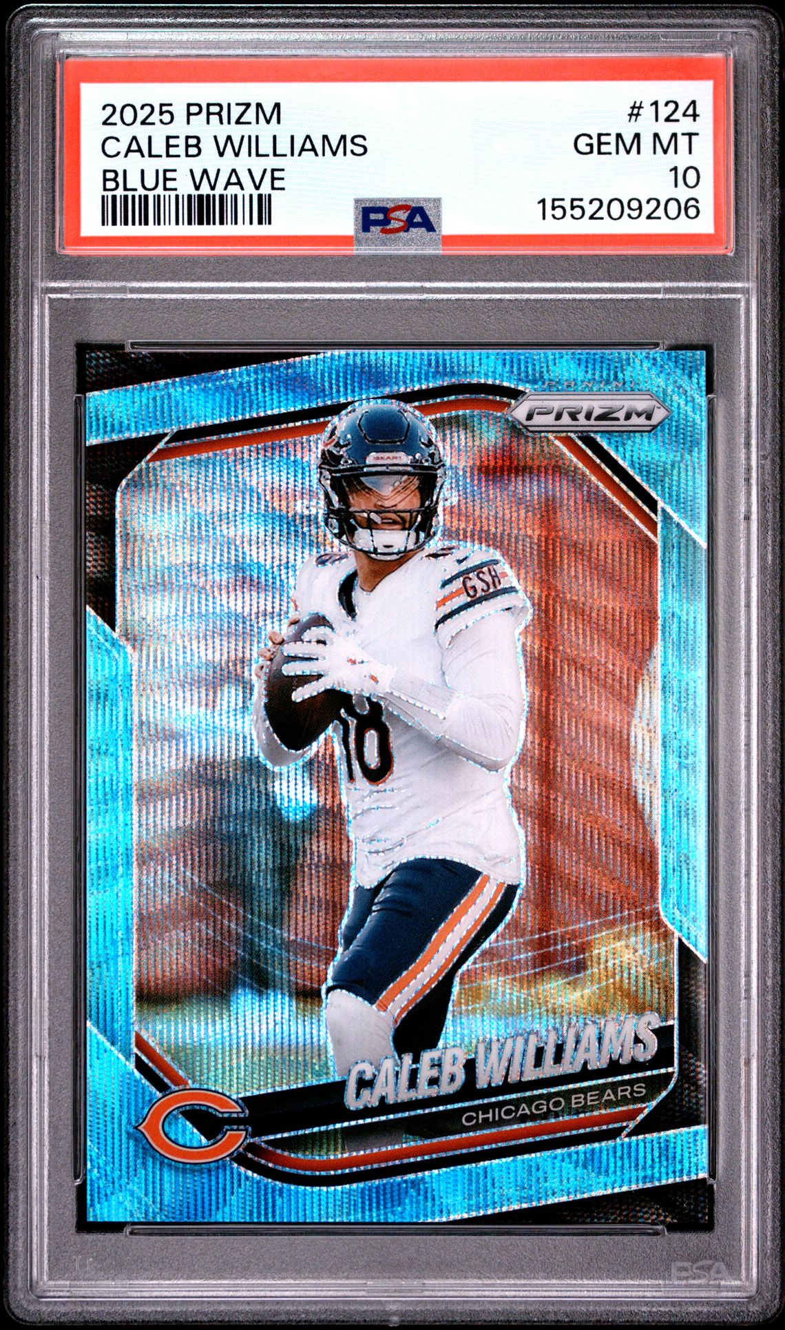 2025 Panini Prizm Caleb Williams #124 (Blue Wave) Gem Mt 10 front view - PSA graded GEM MT 10