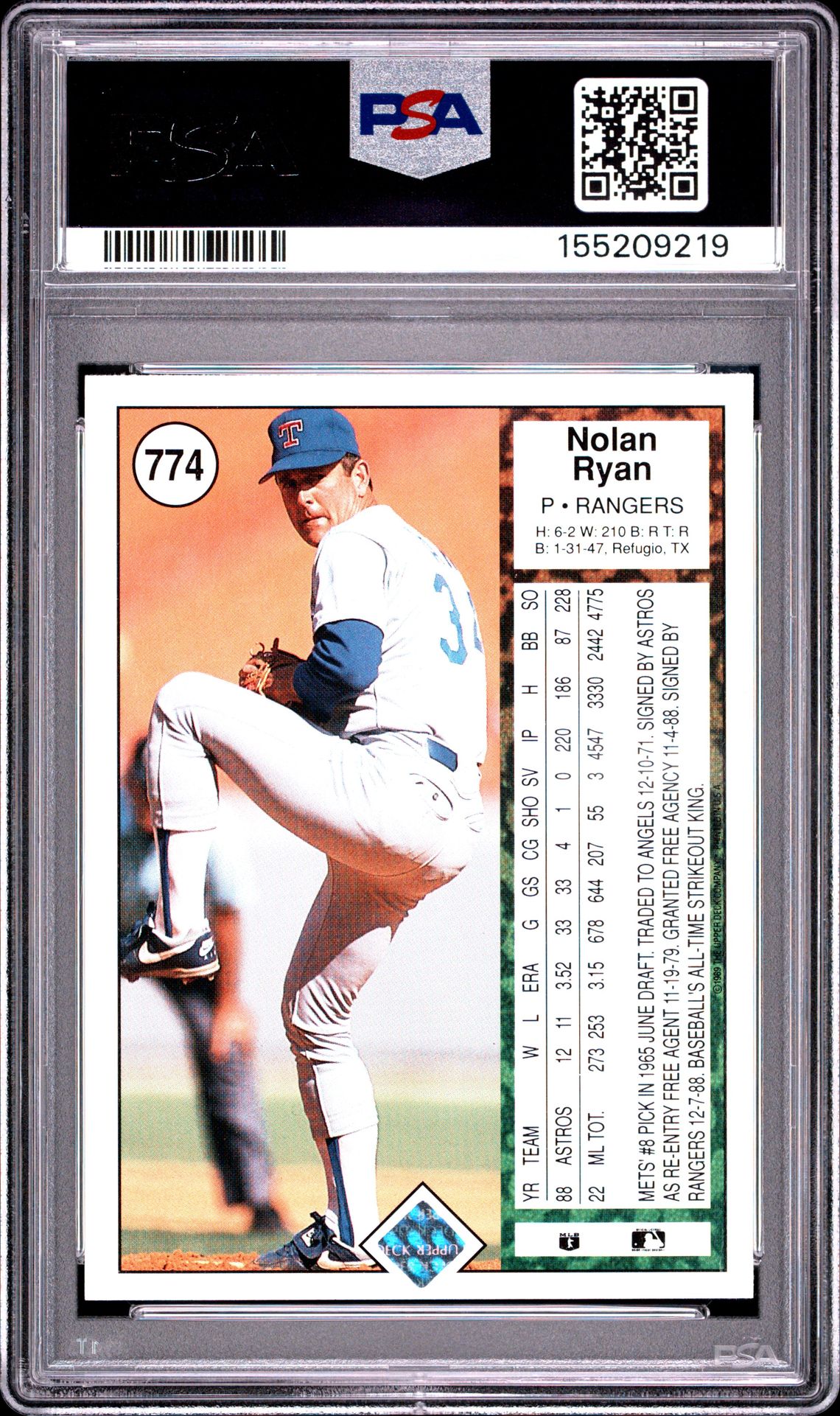 1989 Upper Deck Nolan Ryan #774 Mint 9 back