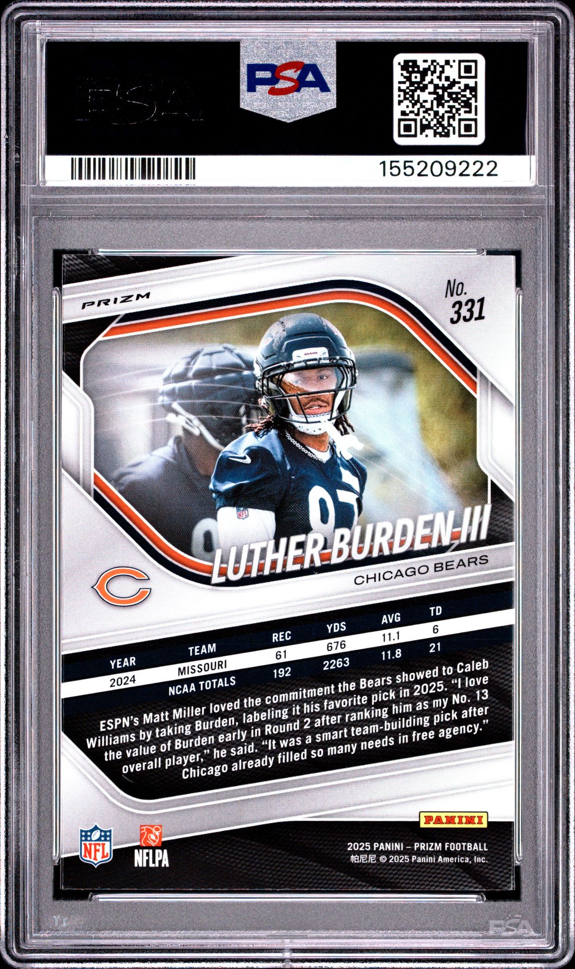 2025 Panini Prizm Luther Burden Iii #331 (Purple Pulsar) Gem Mt 10 back view - PSA certificate #155209222