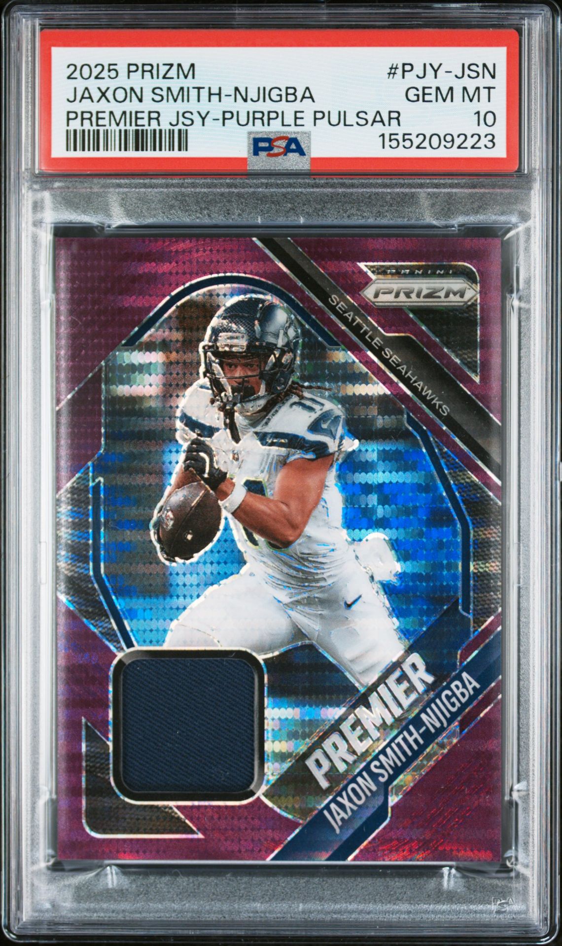 2025 Panini Prizm Premier Jerseys Jaxon Smith-Njigba #Pjy-Jsn (Premier Jsy-Purple Pulsar) Gem Mt 10 front view - PSA graded GEM MT 10