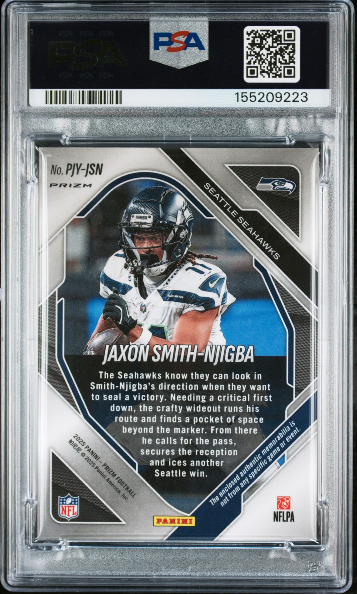2025 Panini Prizm Premier Jerseys Jaxon Smith-Njigba #Pjy-Jsn (Premier Jsy-Purple Pulsar) Gem Mt 10 back view - PSA certificate #155209223