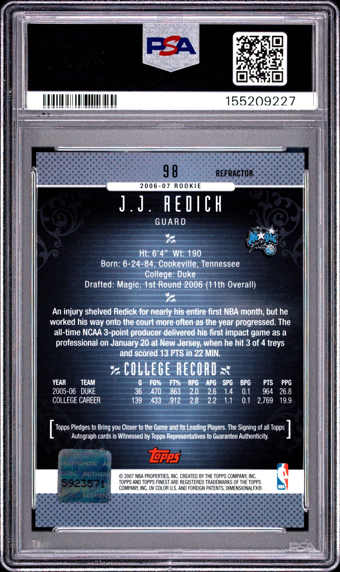2006 Finest J.j. Redick #98 (Autograph-Refractor) Mint 9 back