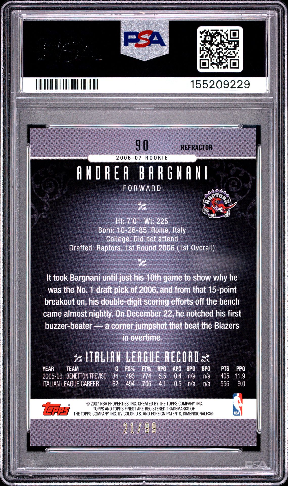 2006 Finest Andrea Bargnani #90 (Black Refractor) Mint 9 back