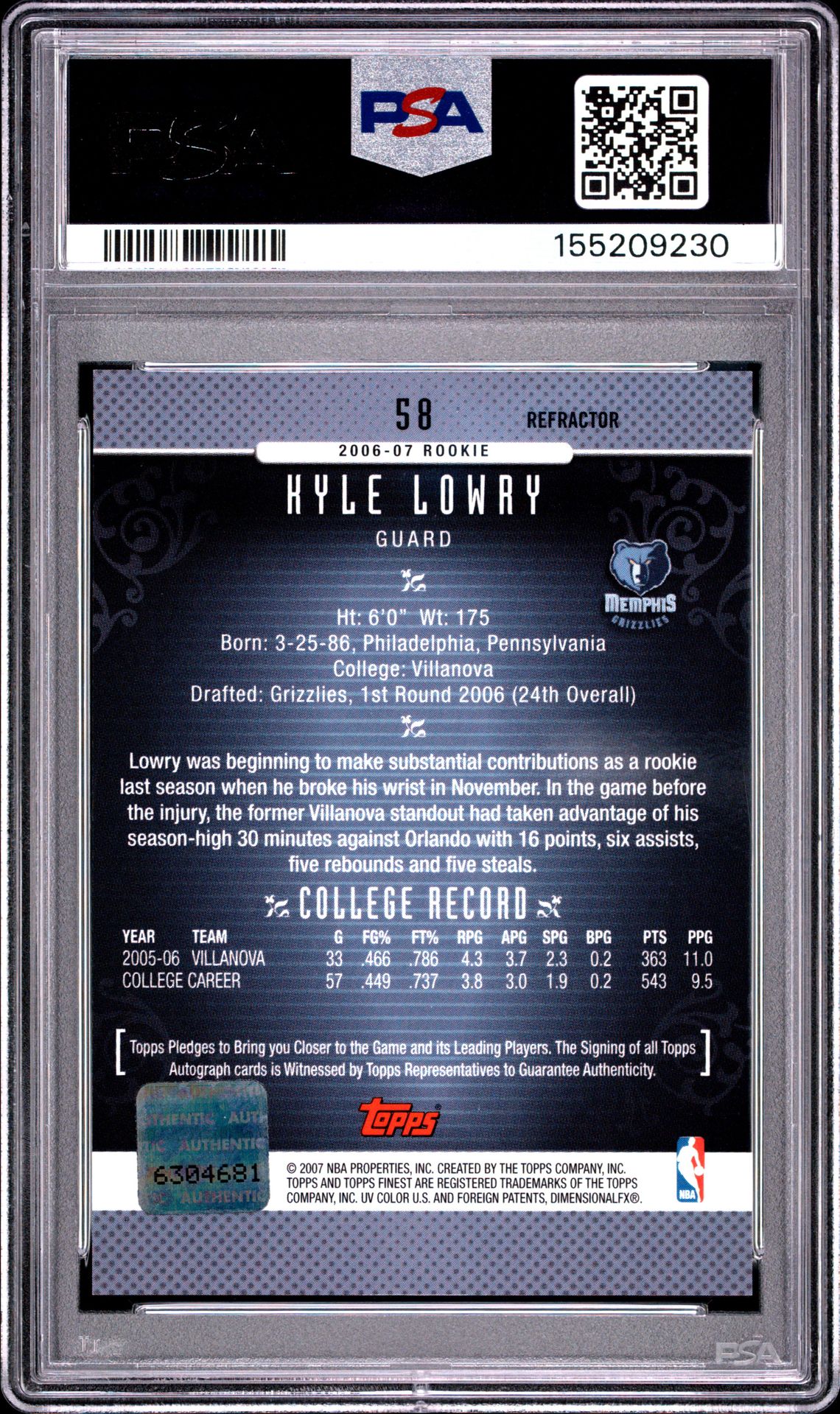 2006 Finest Kyle Lowry #58 (Autograph-Refractor) Mint 9 back