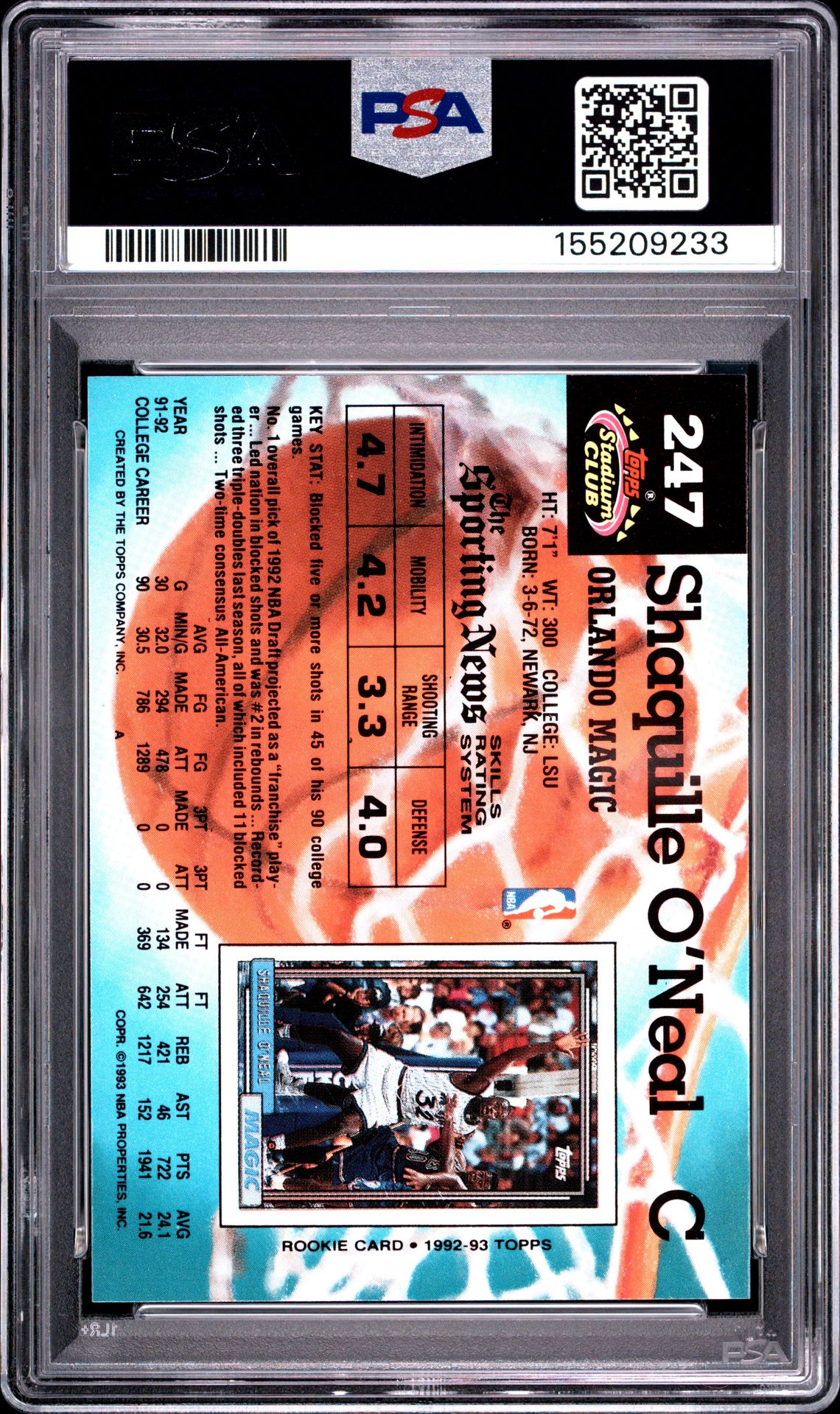 1992 Stadium Club Shaquille O'neal #247 Nm-Mt 8 back