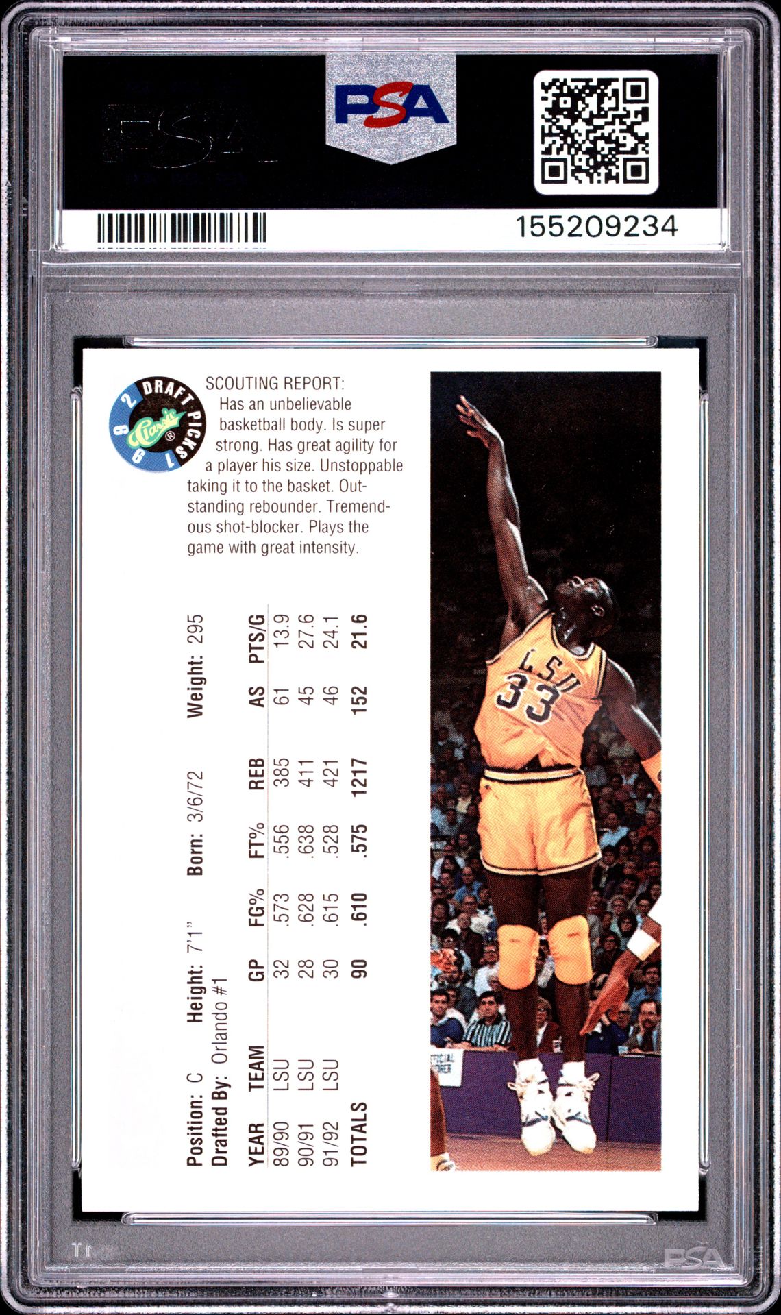 1992 Classic Draft Picks Shaquille O'neal #1 (Draft Picks) Ex-Mt 6 back