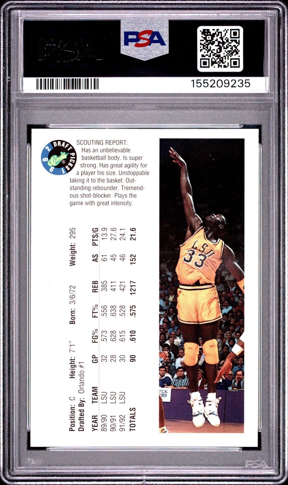 1992 Classic Draft Picks Shaquille O'neal #1 (Draft Picks) Nm-Mt 8 back