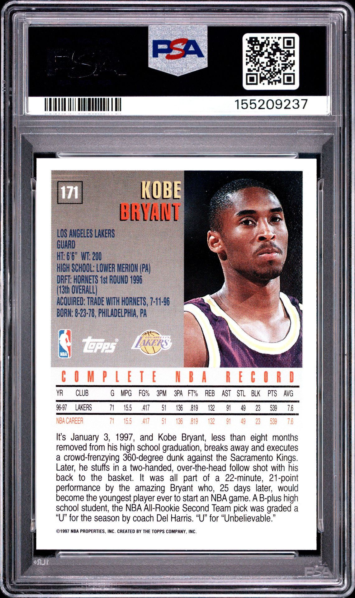 1997 Topps Kobe Bryant #171 Mint 9 back