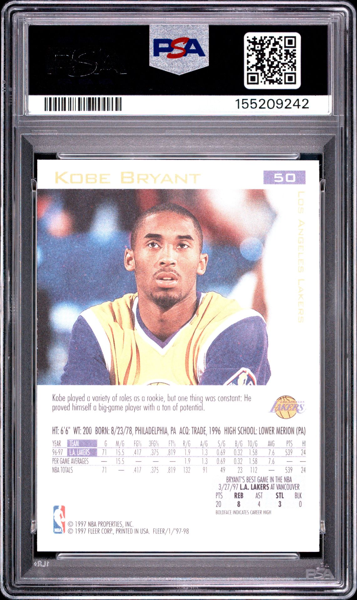 1997 Fleer Kobe Bryant #50 Mint 9 back