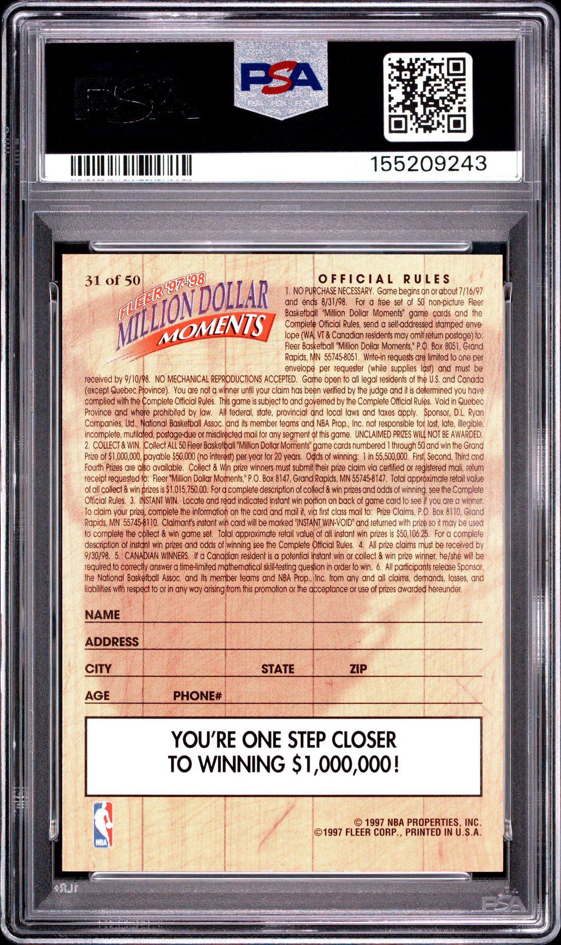 1997 Fleer Million Dollar Moments Kobe Bryant #31 (Million Dollar Moments) Nm-Mt 8 back