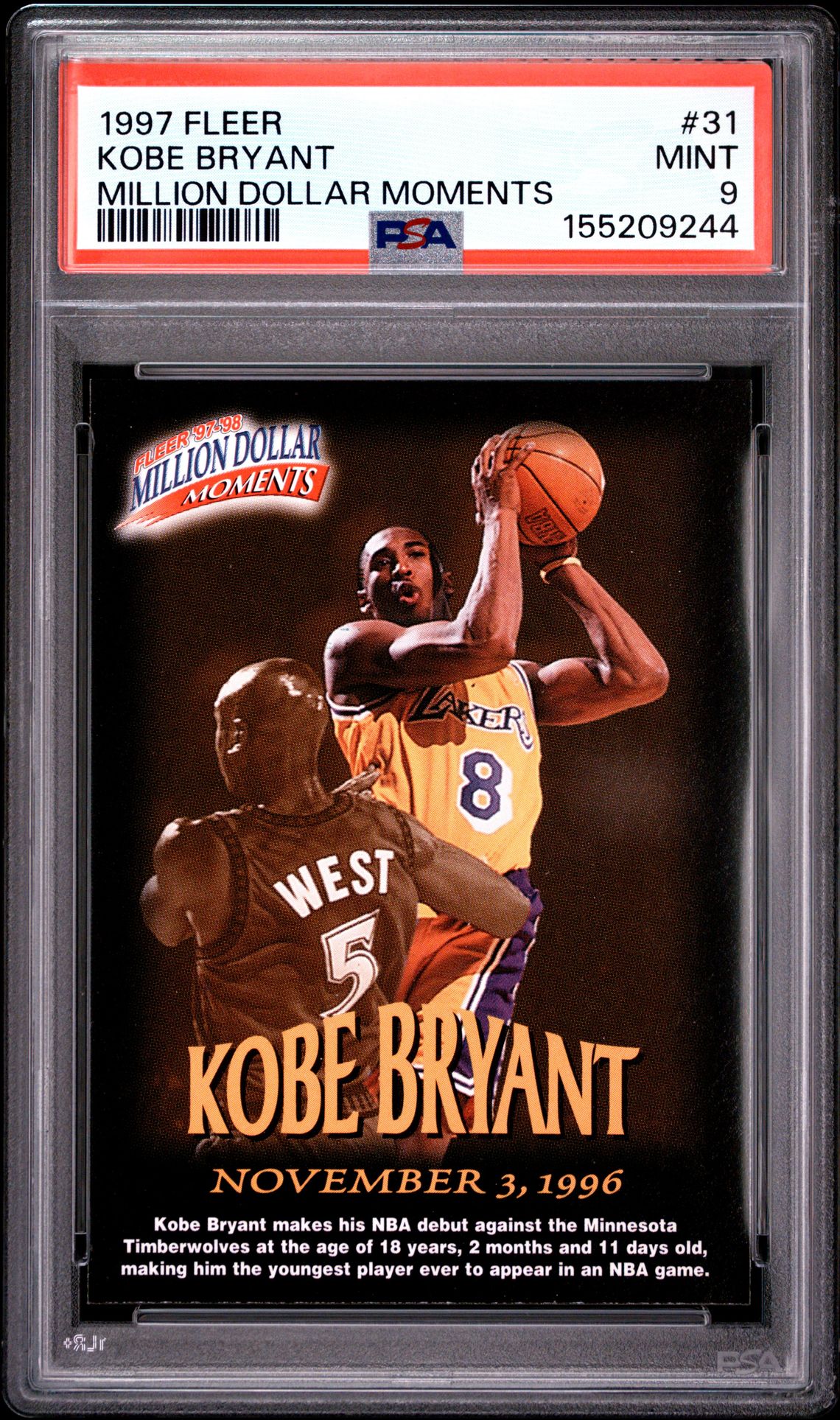 1997 Fleer Million Dollar Moments Kobe Bryant #31 (Million Dollar Moments) Mint 9 front
