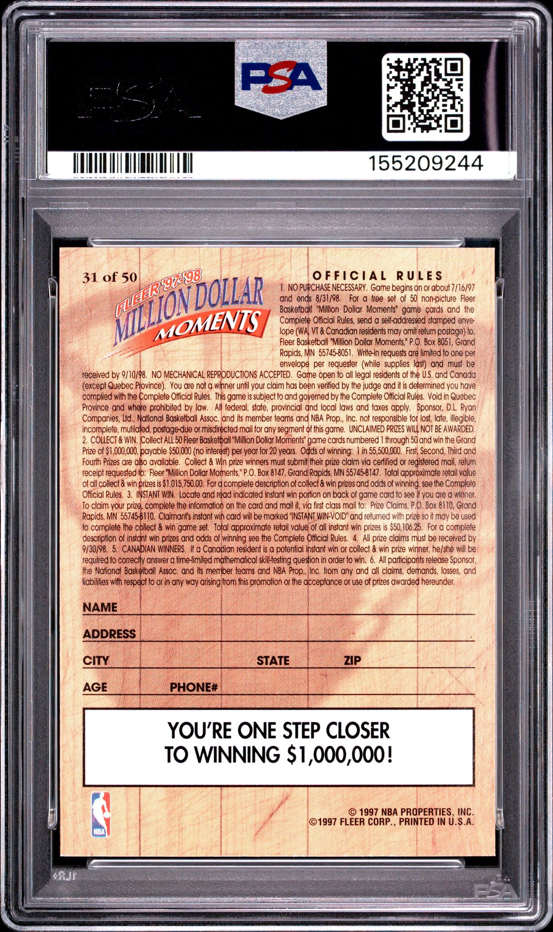 1997 Fleer Million Dollar Moments Kobe Bryant #31 (Million Dollar Moments) Mint 9 back