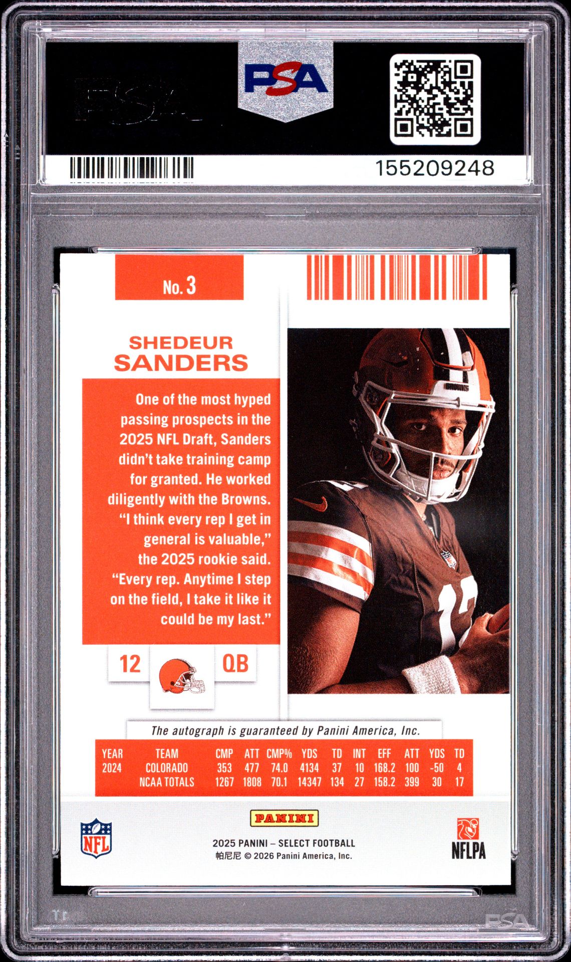 2025 Panini Select Contenders Rookie Ticket Rps Autographs Shedeur Sanders #3 Mint 9 back